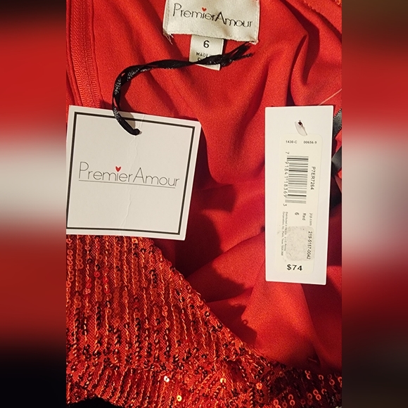 Designer Premier Amour Red Sequin Midi Length Spaghetti Strap Pencil Dress sz 6 - Picture 6 of 6